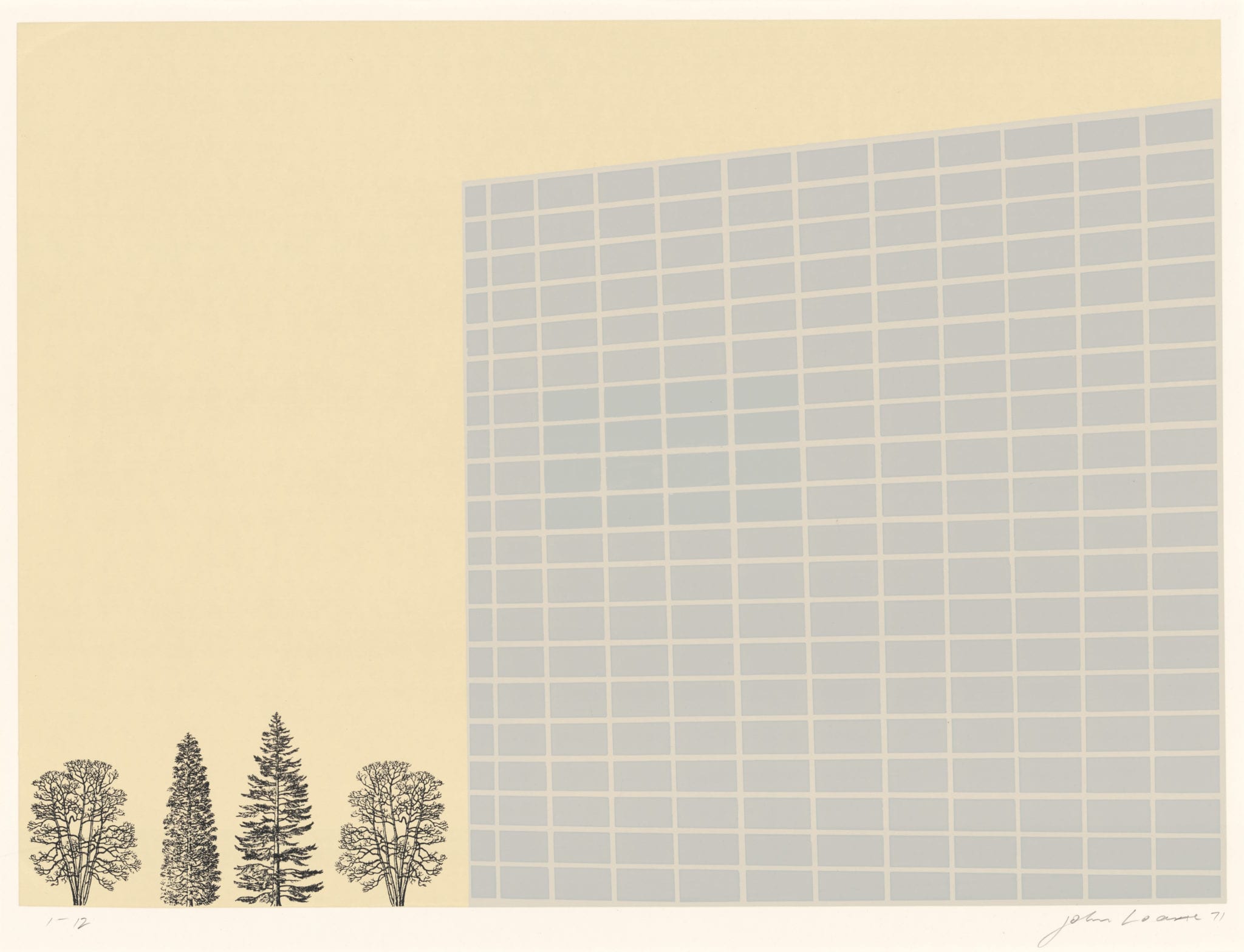 John Loane, Untitled (Architectural study), 1971, Silkscreen and Letraset, 45 x 64 cm. Latrobe Regional Gallery.