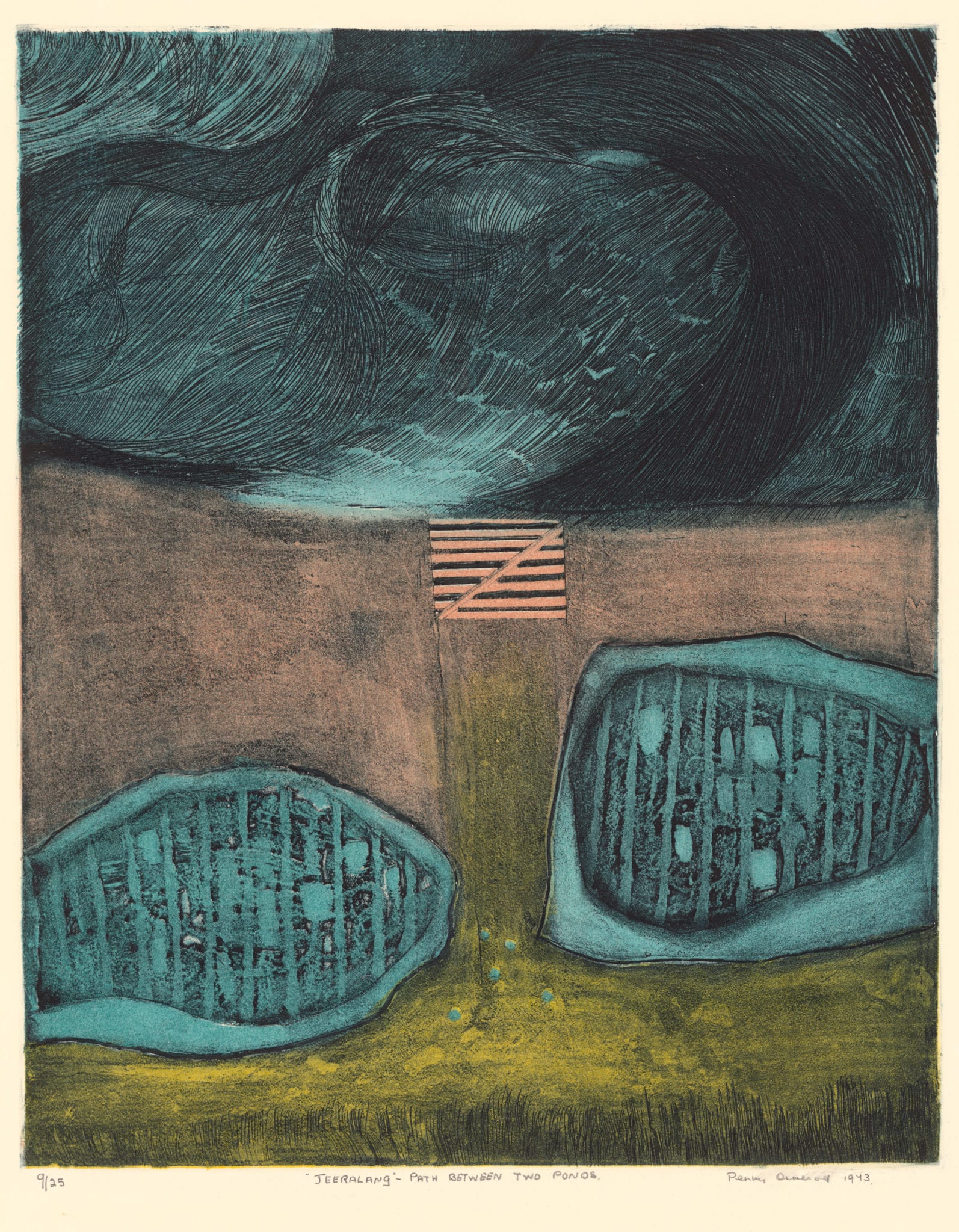 Penny Ormerod, Jeeralang – Path between two ponds, 1973, Etching and aquatint, 50 x 41 cm. Latrobe Regional Gallery Collection.