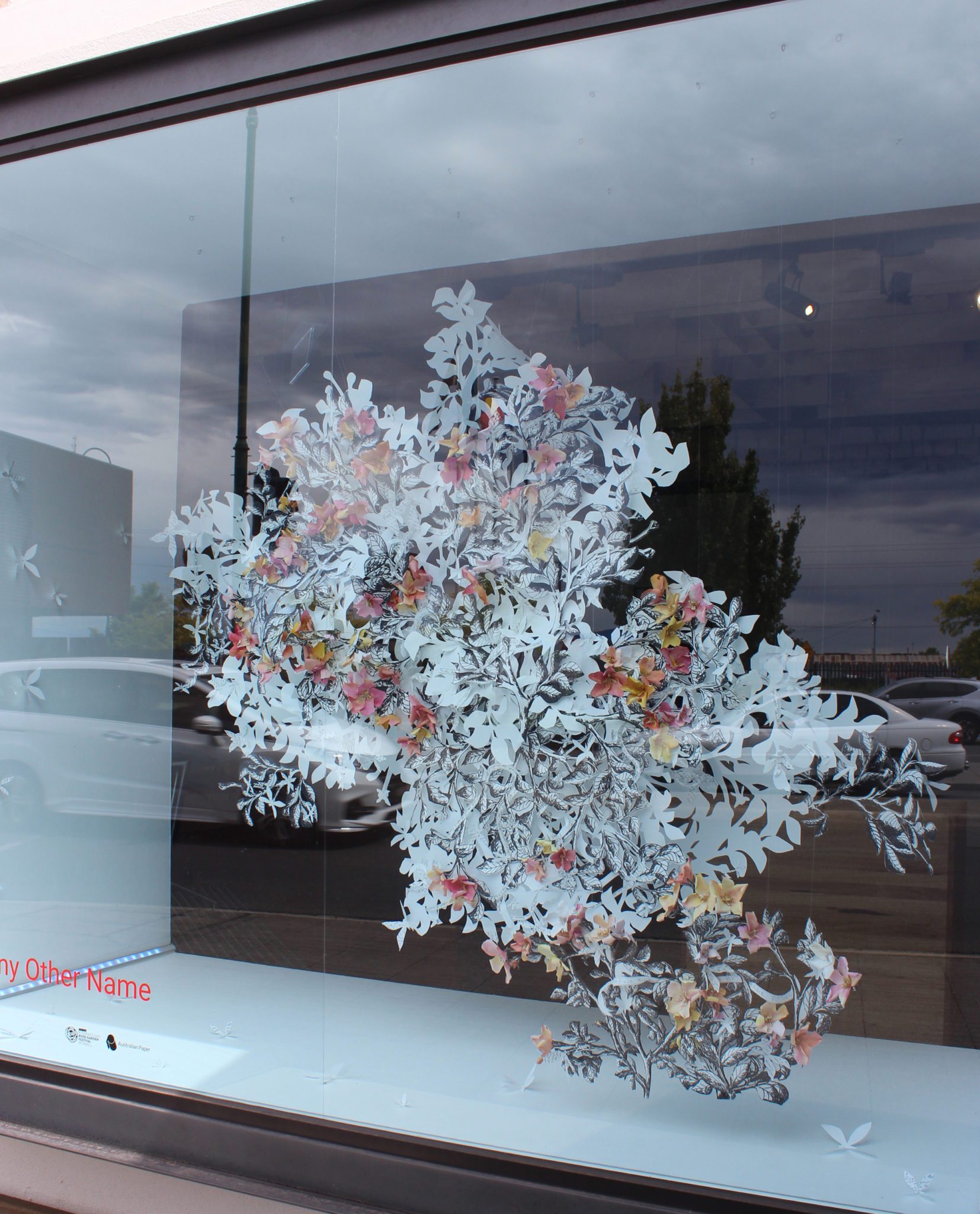 Jessie Pittard, A Rose by Any Other Name, 2020, Paper installation, Courtesy the artist. Shown in the front window at Latrobe Regional Gallery, 2020. Made for the 2020 Morwell International Rose Garden Festival.