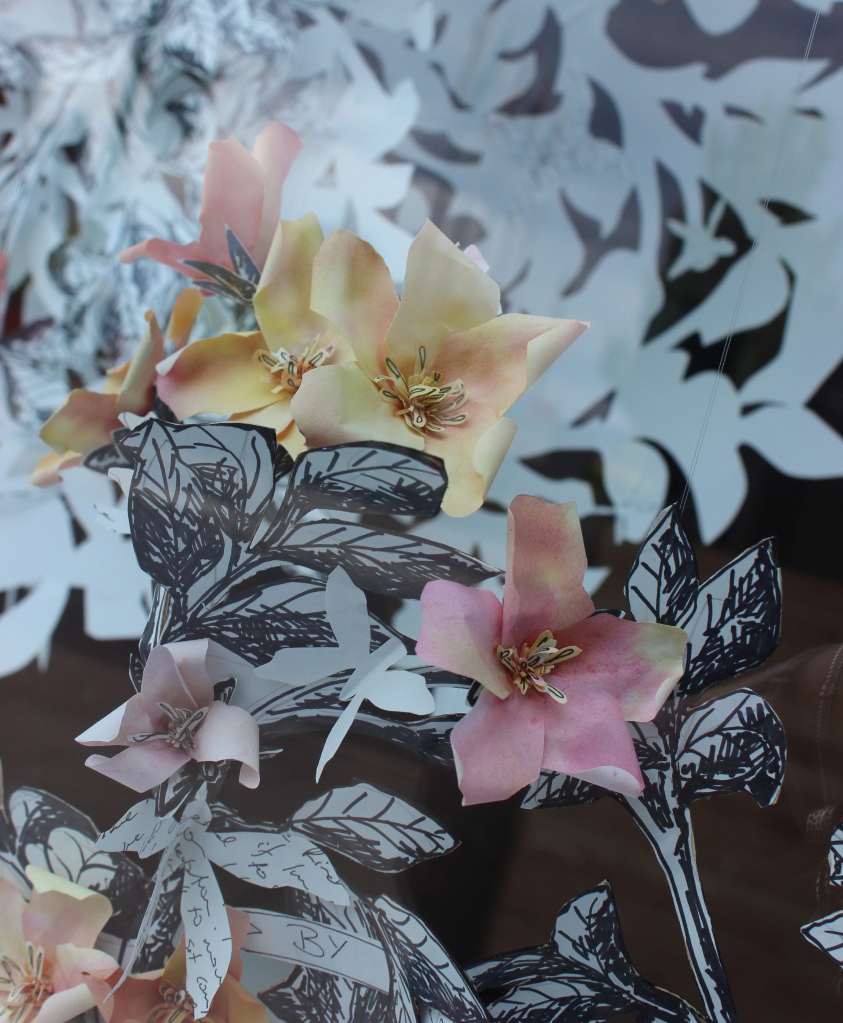 Detail of Jessie Pittard, A Rose by Any Other Name, 2020, Paper installation, Courtesy the artist. Shown in the front window at Latrobe Regional Gallery, 2020. Made for the 2020 Morwell International Rose Garden Festival.