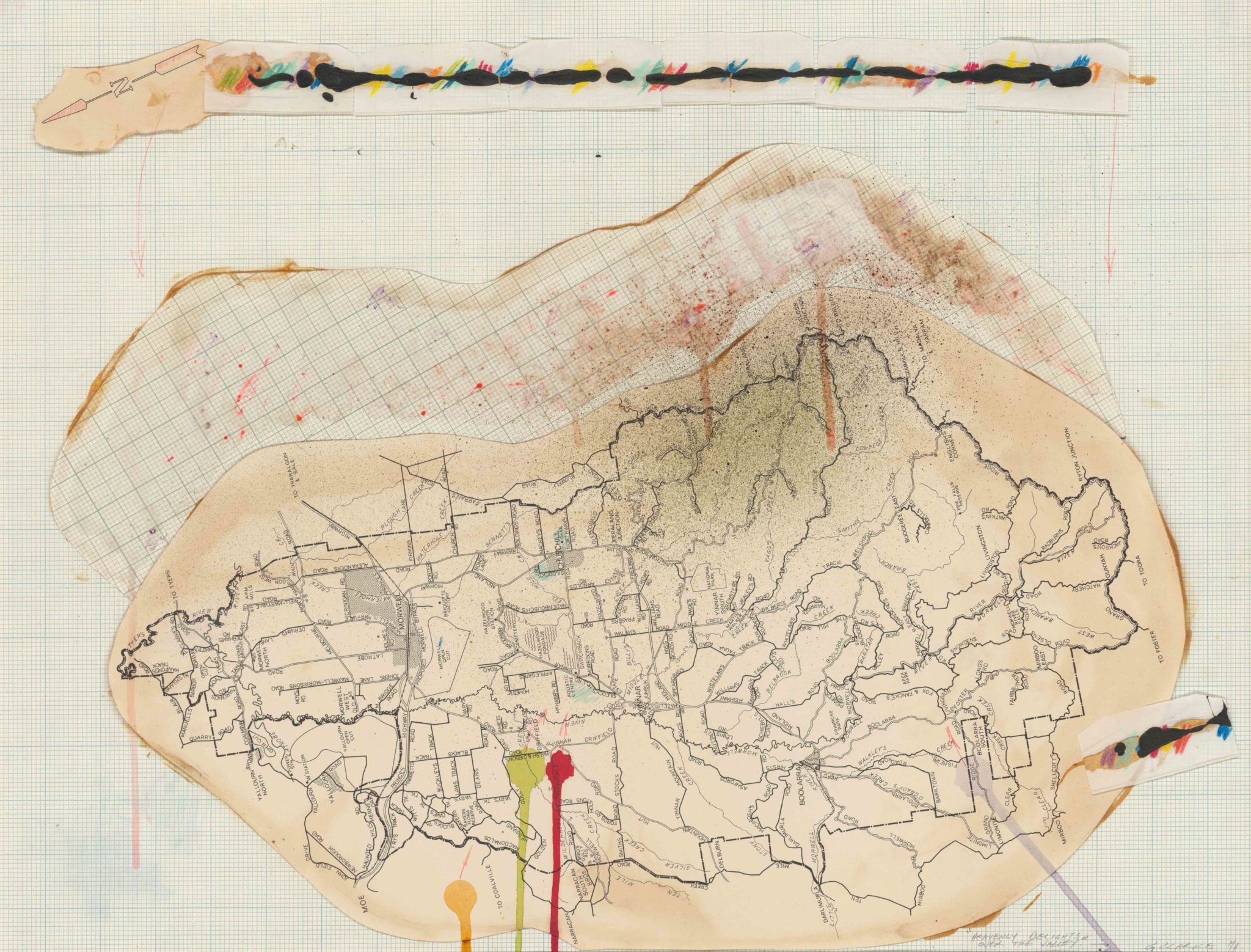 Glen Clarke, Heavenly Delights Over the Valley, 1974, Painted collage on graph paper and tissue paper, 48 x 63 cm, Latrobe Regional Gallery Collection, purchased 1974.