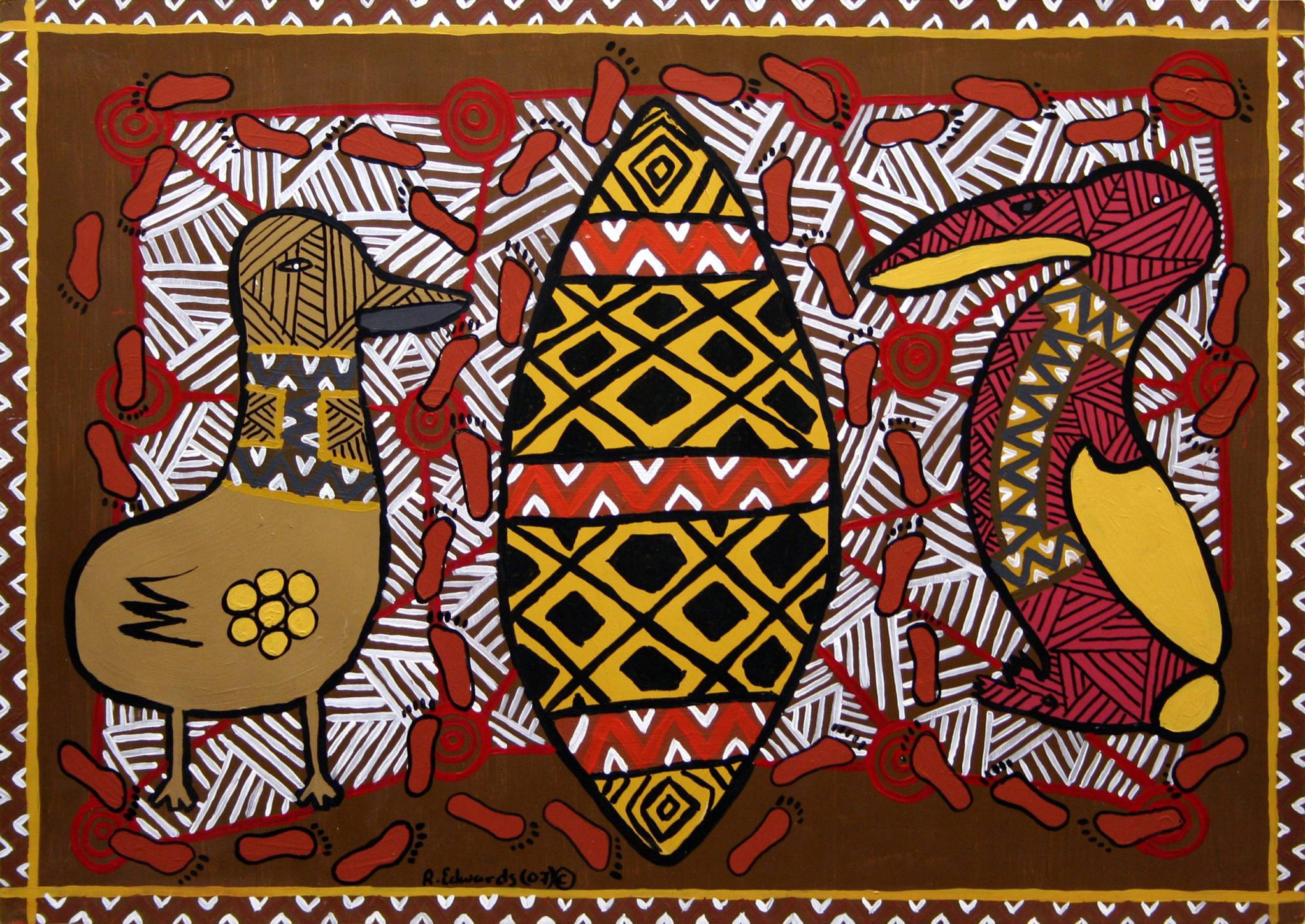 Ronald Edwards-Pepper, Boorun and Tuk, Dreamtime of Aboriginal People of Gippsland, 2007, Acrylic on paper, 64 x 88 cm, Latrobe Regional Gallery Collection, purchased 2007.