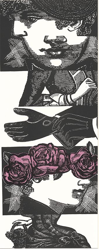 Marion Manifold, Cadavre Exquis: Fille aux couronne des roses (Equisitie corpse: Girl in rose crown), 2005, Linoprint and silk on paper, 76 x 50 cm, Latrobe Regional Gallery Collection, purchased from Print Council of Australia commission prints, 2005.