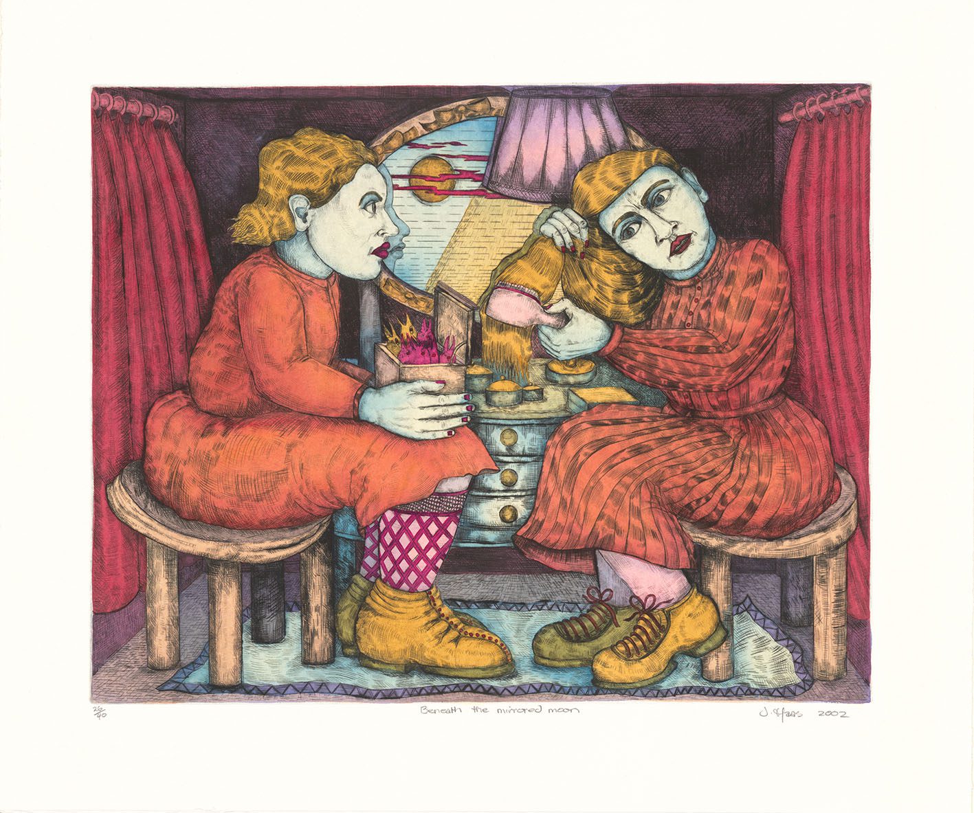 Juli Haas, Beneath the mirrored moon, 2002, Drypoint print with watercolour, Ed 26/40, 40 x 49 cm, Latrobe Regional Gallery Collection, purchased from the Print Council of Australia, 2002.