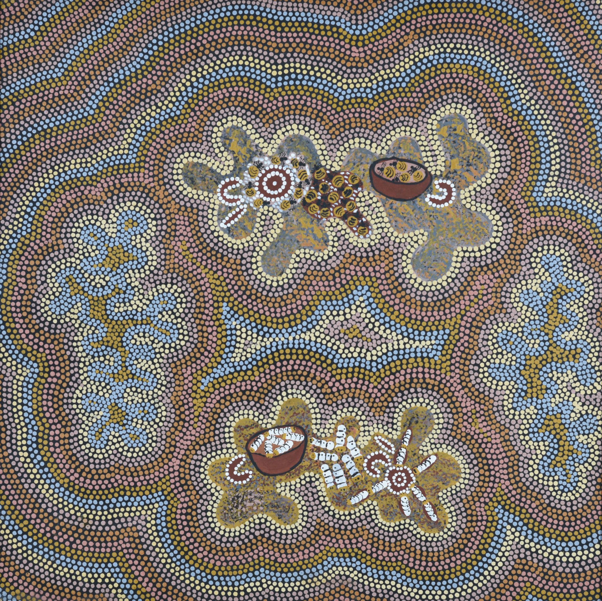 Sandra Nampitjinpa, Witchetty Grub and Honey Ant Dreaming, 1990, Acrylic on canvas, CBUS Collection of Australian Art.