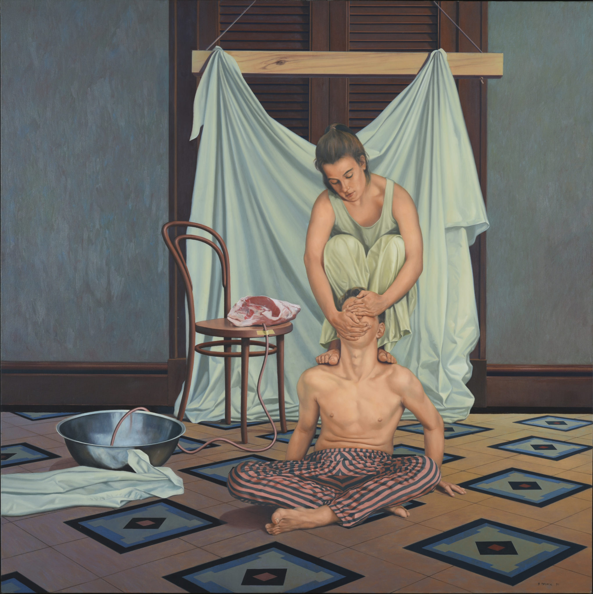 Frank Mesaric, Angel with Lamb, 1990, Oil on canvas, 150 x 150 cm, Latrobe Regional Gallery Collection, purchased with assistance of the Australia Council, 1993.