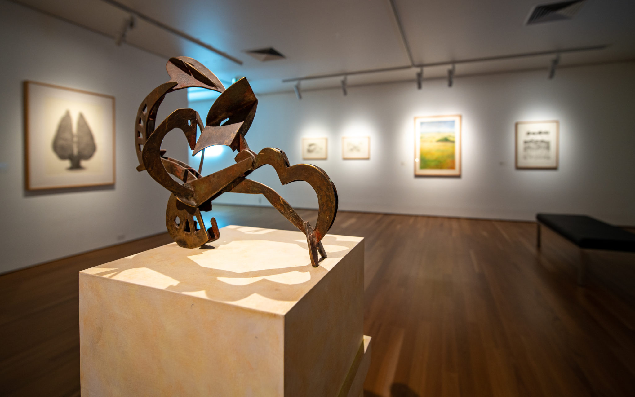 Exhibition documentation of 50 Years, 50 Artists, at Latrobe Regional Gallery, 2021. Pictured: Dan Wollmering, Sure and Plenty II (detail), 1987-88, MDF and bronze, 31 x 36 x 11 cm, Latrobe Regional Gallery Collection, purchased with assistance of the Victorian Regional Galleries Art Foundation, 1989.