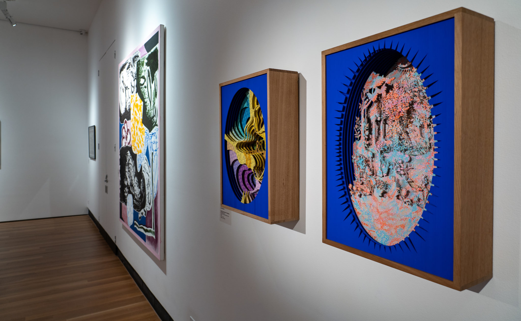 Exhibition documentation of 50 Years, 50 Artists, at Latrobe Regional Gallery, 2021. Pictured: (foreground left) Lucy Parkinson, The Cosmic Battle: neither devils nor divines, 2019, Gouache on carbonised bamboo, oak frame, 62 x 42 x 14 cm, Courtesy of the artist. (foreground right) Lucy Parkinson, Maxwell’s demon keeps ‘The Widening Gyre’ turning, 2019, Gouache on carbonised bamboo, oak frame, 62 x 42 x 14 cm, Courtesy of the artist. (background) Hayden Jackson, Untitled, 2019, Acrylic and charcoal on canvas, 200 x 180 cm, Courtesy the artist.