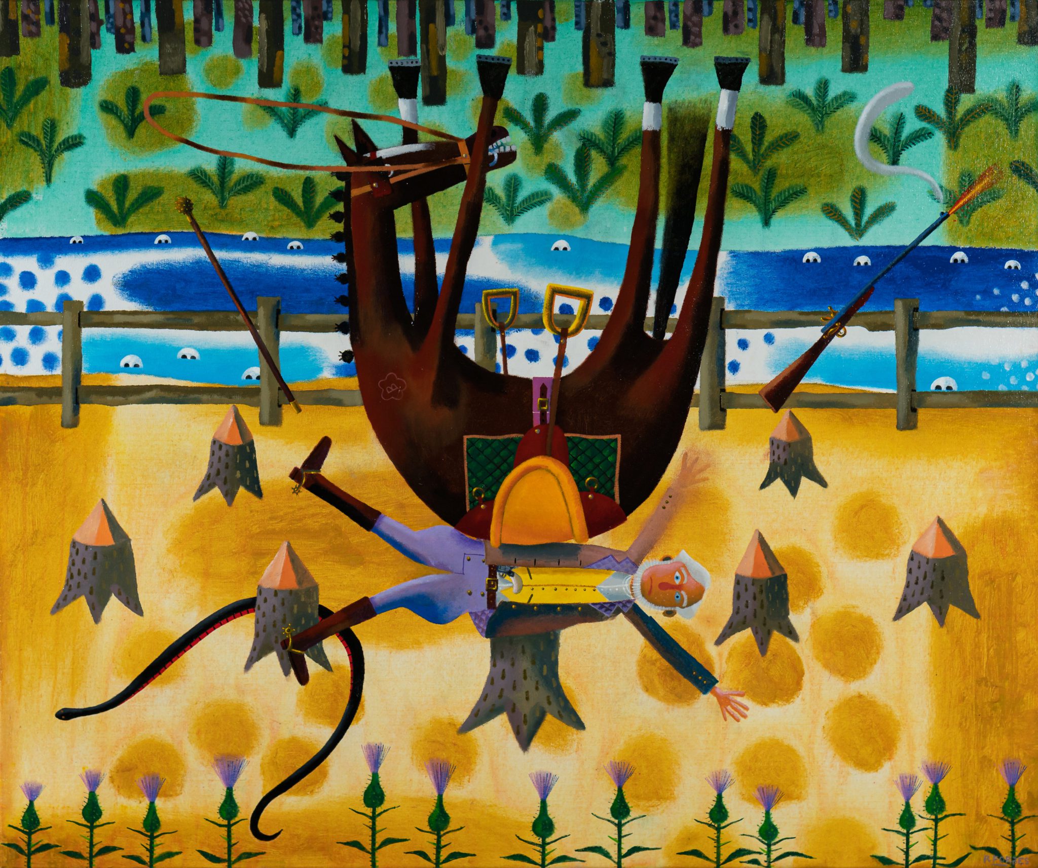 Rodney Forbes, Death of Angus McMillan, 2014, Oil on canvas, 77 x 92 cm, Latrobe Regional Gallery Collection, gift of the artist through the Australian Government’s Cultural Gift program, 2021.