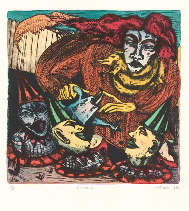 Juli Haas, Charade, 1992, Drypoint print with watercolour, Ed 14/15, 21 x 20 cm image, 39 x 36 cm sheet, Latrobe Regional Gallery Collection, gift of the Monash University Gippsland School of Arts Patrons Committee, 1992.