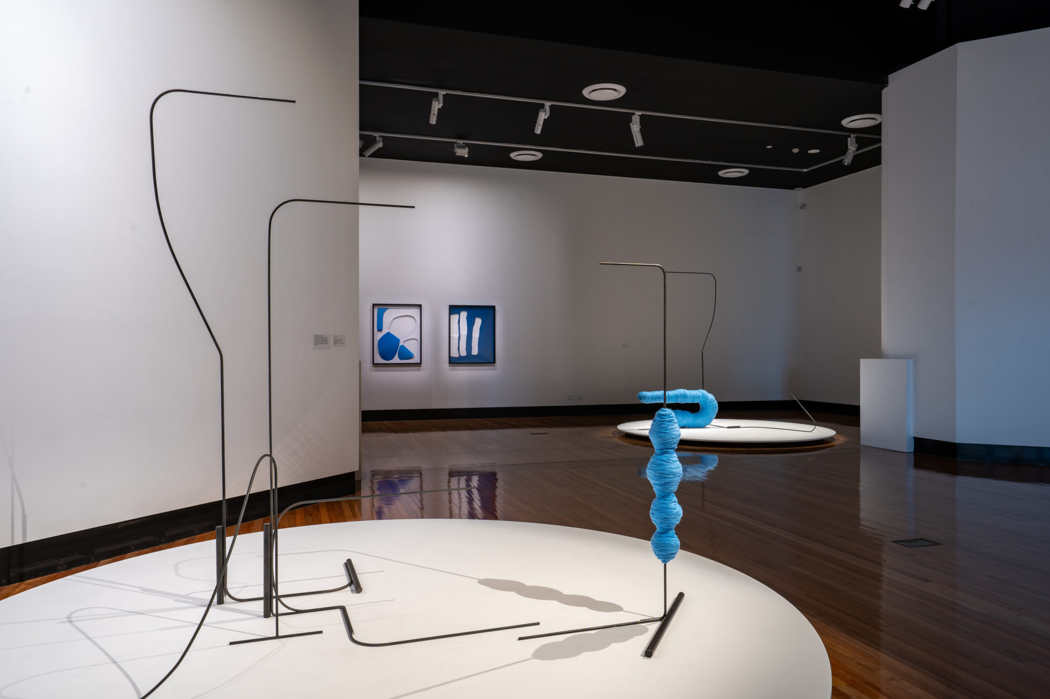 FIELD OF VISIONS: An exhibition by Mira Gojak & Michael Prior, Exhibition documentation, Gallery 1 & 2, Latrobe Regional Gallery, 2022. Pictured in foreground: Distant Measures, 923 metres, 2016, Steel rod and acrylic yarn, 4 parts, 230 x 262 x 142 cm, Courtesy the artist and Murray White Room, Melbourne. Documentation by Darryl Whitaker.
