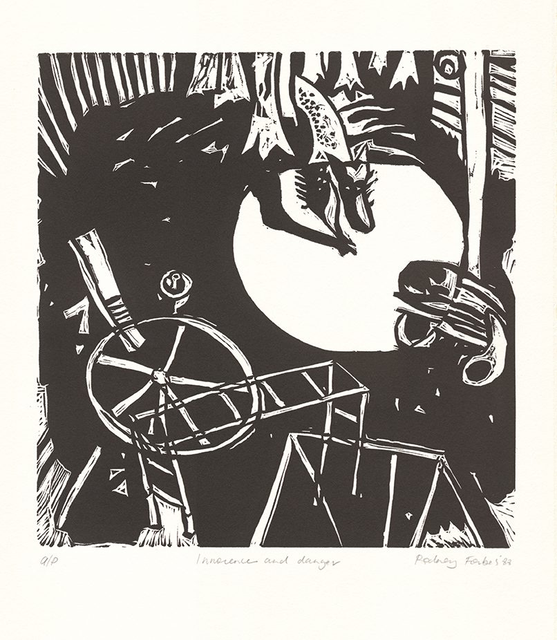 Rodney Forbes, Innocence and Danger, 1988, Linocut print, A/P, 25.6 x 24 cm image, 38.2 x 28.3 cm sheet, Latrobe Regional Gallery Collection, acquired 1989.