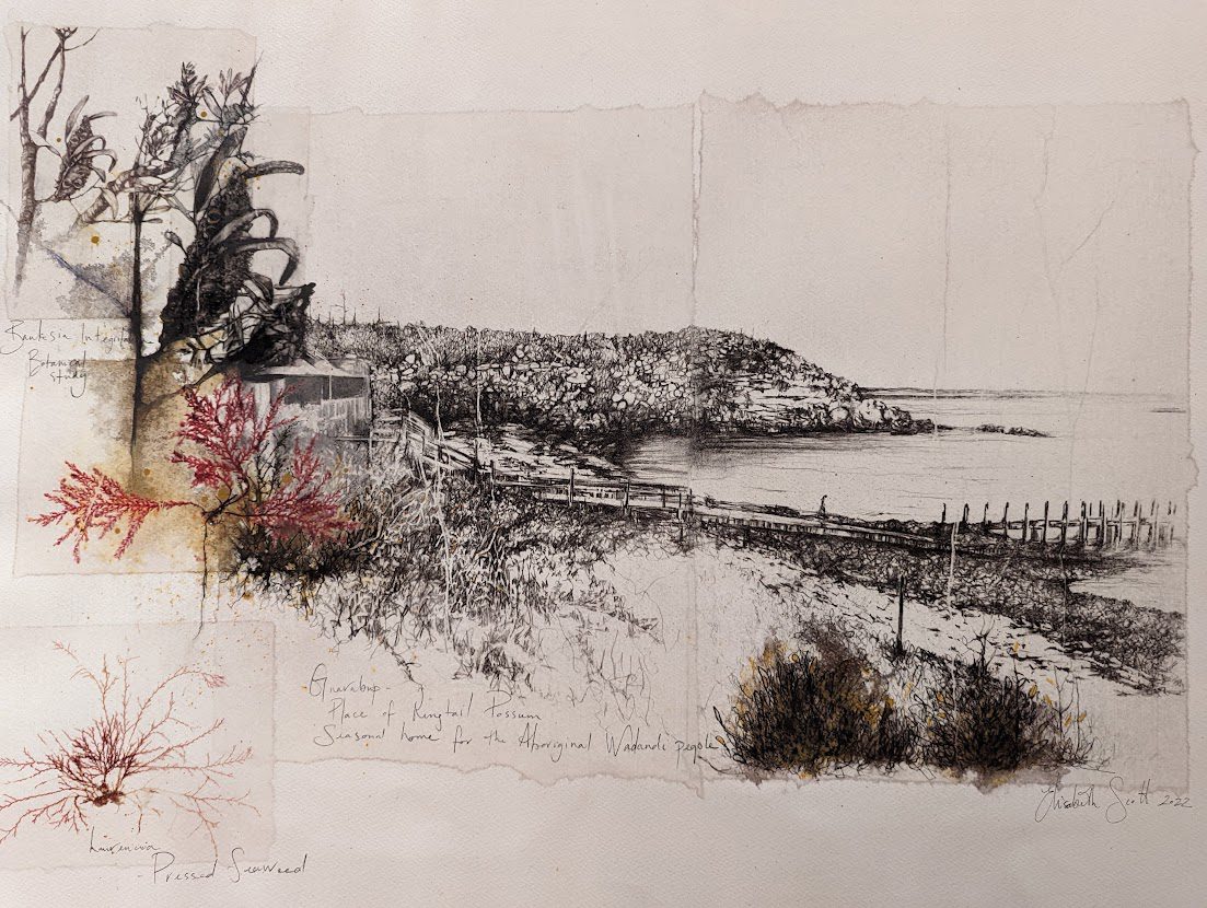 Elisabeth Scott, Untitled, 2022, ink on Japanese rice paper, collaged onto cotton rag paper with pressed seaweed from Margaret River, courtesy of the artist 