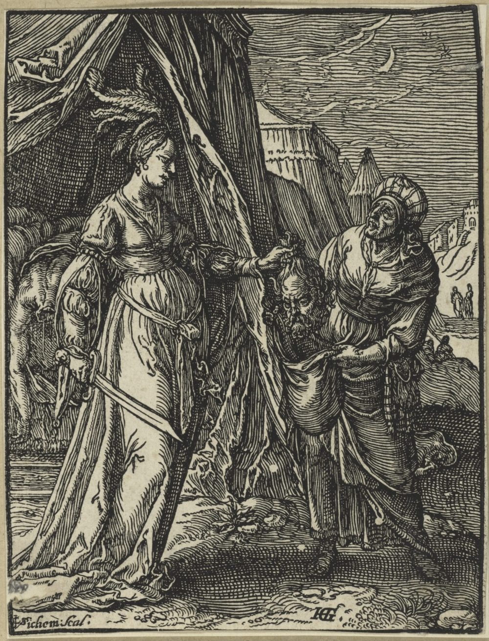 Image Credit: Christoffel van Sichem II (Dutch, 1546 - 1624), Judith with the Head of Holofernes (n.d.) after Hendrik Goltzius (Dutch, 1558 - 1617) woodcut on laid paper sheet: 13.5 x 10.3 cm. Gift of Dr J. Orde Poyton, 1959